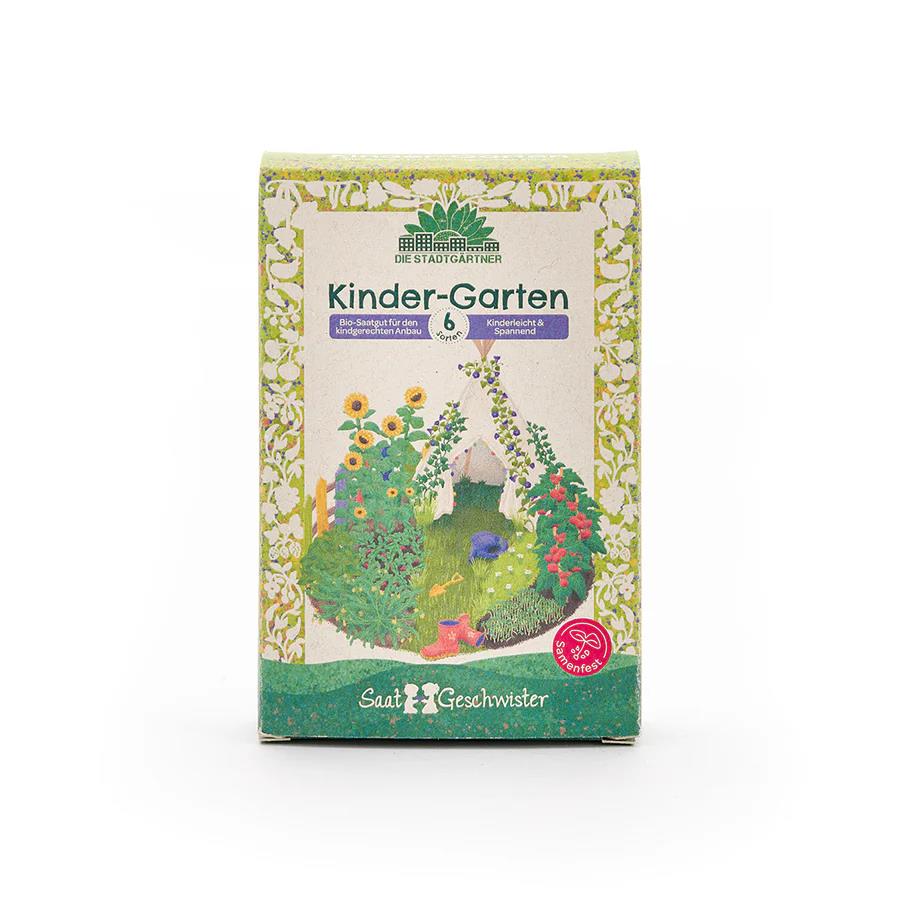 Die Abbildung zeigt das Produkt "Saatgeschwister Saatgutset Kinder-Garten (Bio)". Auf der Verpackung sind bunte Blumen und ein Gartenmotiv zu sehen, das für Kinder gestaltet ist.