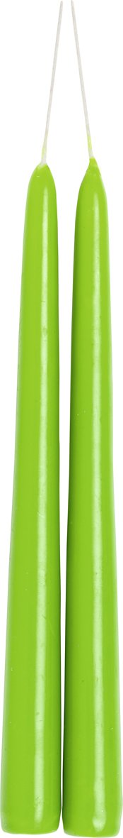 Auf dem Bild sind zwei spitz zulaufende Kerzen in Grasgrün zu sehen. Sie sind etwa 24 cm lang und bilden ein Paar.