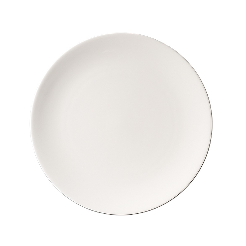 Teller flach 28 cm Pure Weiss Fine Bone China ist abgebildet. Es handelt sich um einen flachen Teller mit einem Durchmesser von 28 cm aus hochwertigem Fine Bone China in reinem Weiß.