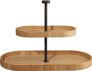 Das Bild zeigt ein zweistöckiges Tablett aus Holz mit einem schwarzen Mittelstab. Die ovale Form bietet auf beiden Ebenen Ablagefläche für verschiedene Gegenstände.