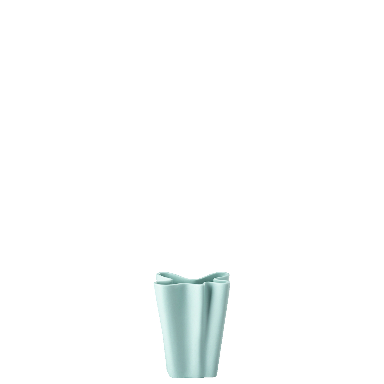 Die Abbildung zeigt eine kleine Vase mit einer Höhe von 9 cm in Mintfarbe. Ihr Design ist modern und hat sanft geschwungene Kanten.
