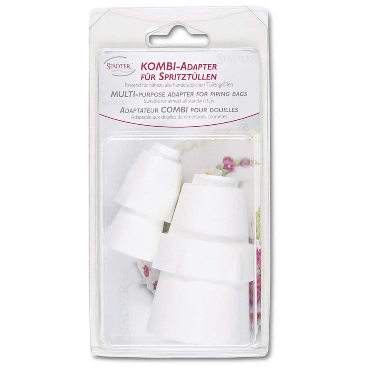 Das Bild zeigt ein Set mit zwei Kombi-Adaptern für Spritztüllen in einer Plastikverpackung. Die Adapter sind weiß und dienen zum Verbinden von Spritzbeuteln mit verschiedenen Tüllen.