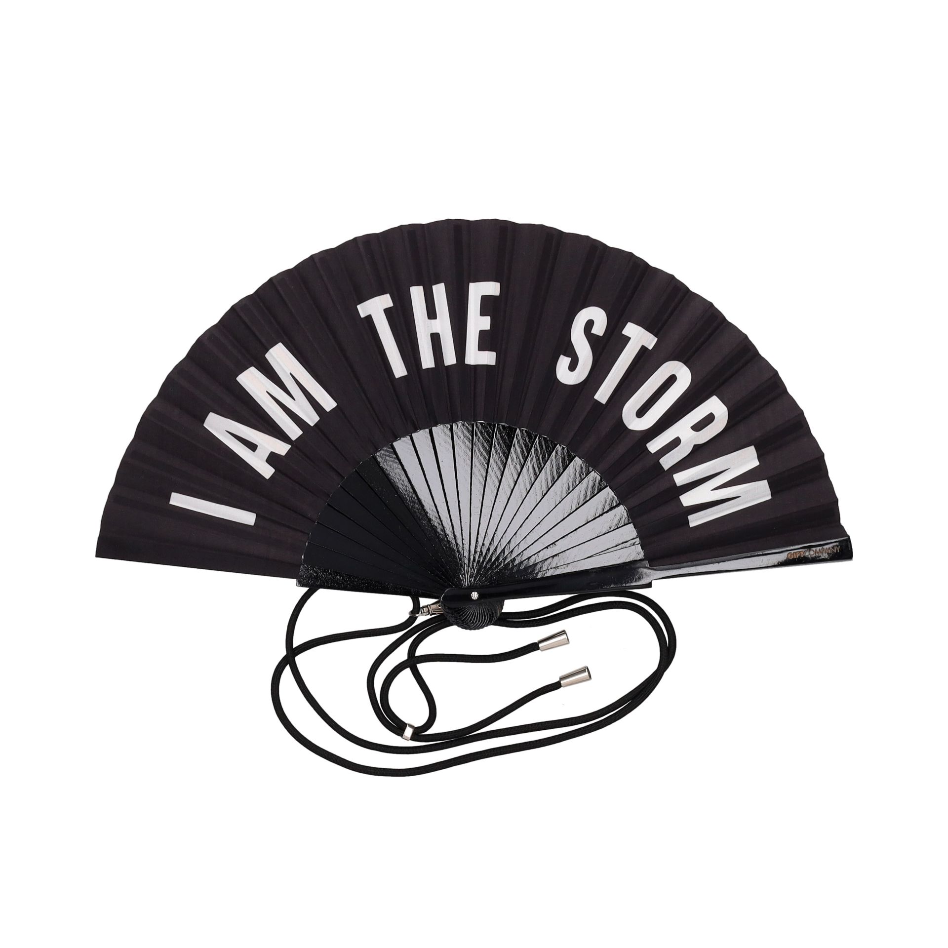 Fächer mit dem Motiv 'I am the Storm', schwarz, von Fififan, 23 cm groß. Ein auffälliger Handfächer mit selbstbewusstem Spruch.