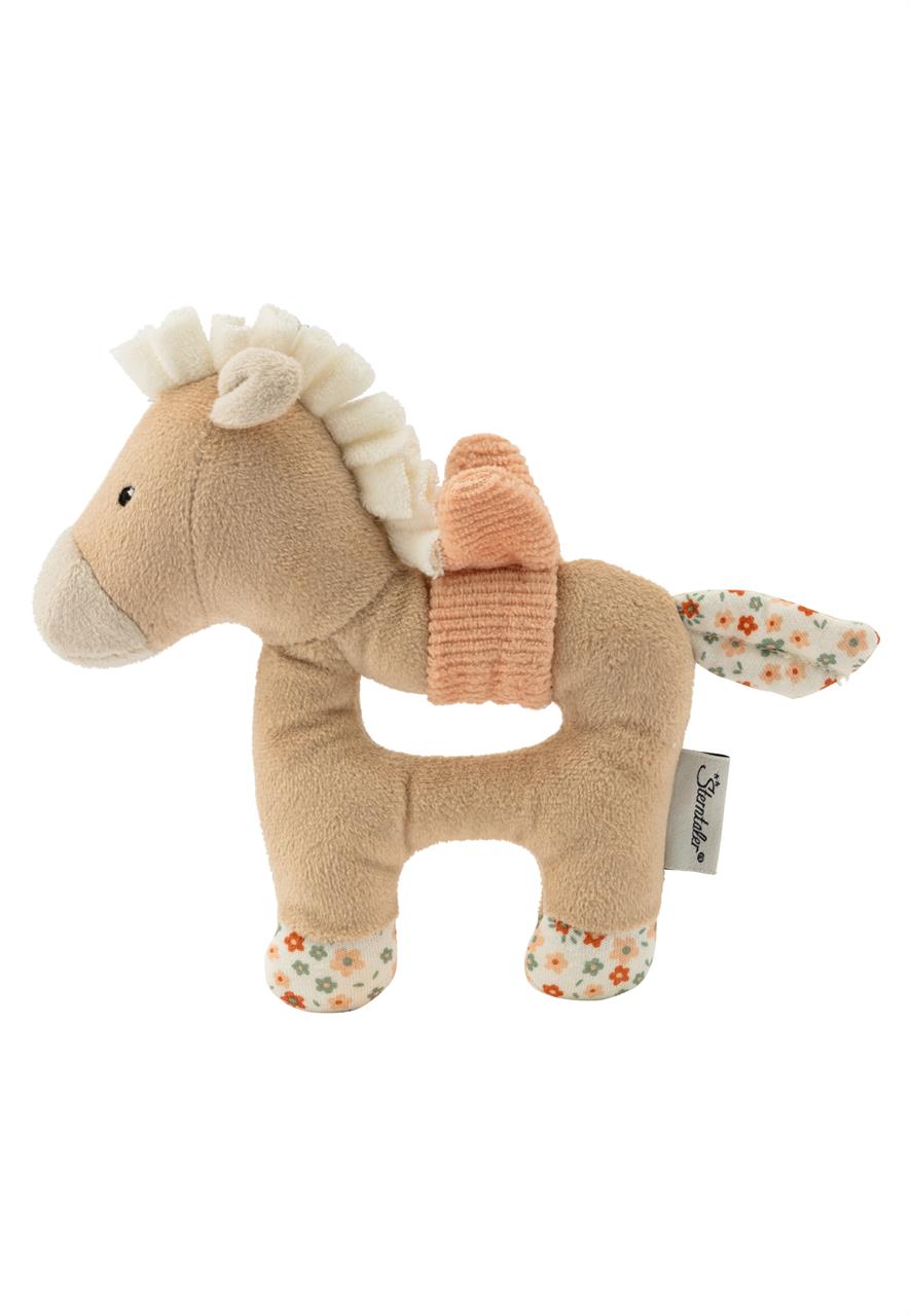 Das Bild zeigt ein weiches Greifspielzeug in Form eines Pferdes namens "Greifling Pferd Sunny" in der Farbe Lichtbeige. Die Beine und der Schwanz sind mit einem Blumenmuster verziert.