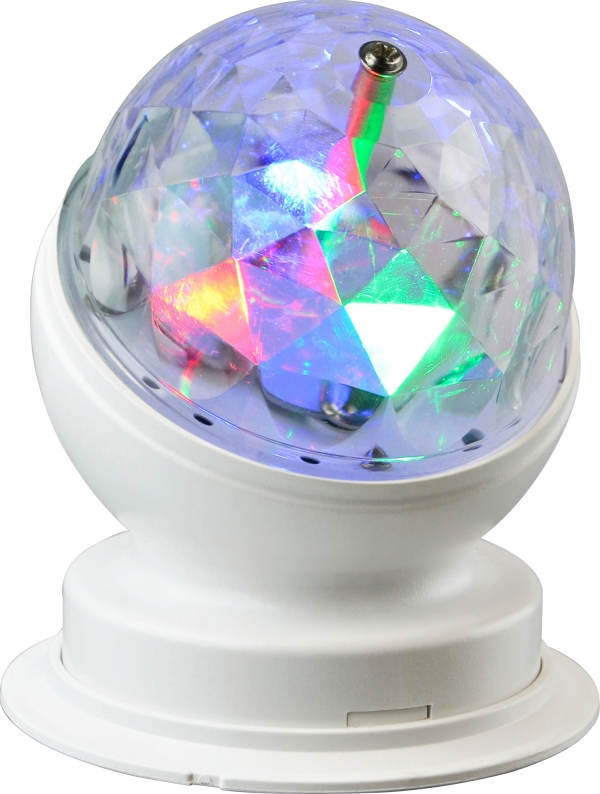 Das Bild zeigt eine kleine, weiße LED-Disco-Kugel. Im Inneren leuchten bunte Lichter in Rot, Grün und Blau.
