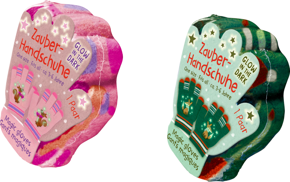 Abgebildet ist das Produkt 'Winterzauber Im Weihnachtswald - Zauberhandschuhe'. Die Zauberhandschuhe sind speziell als weihnachtliches Accessoire gestaltet.