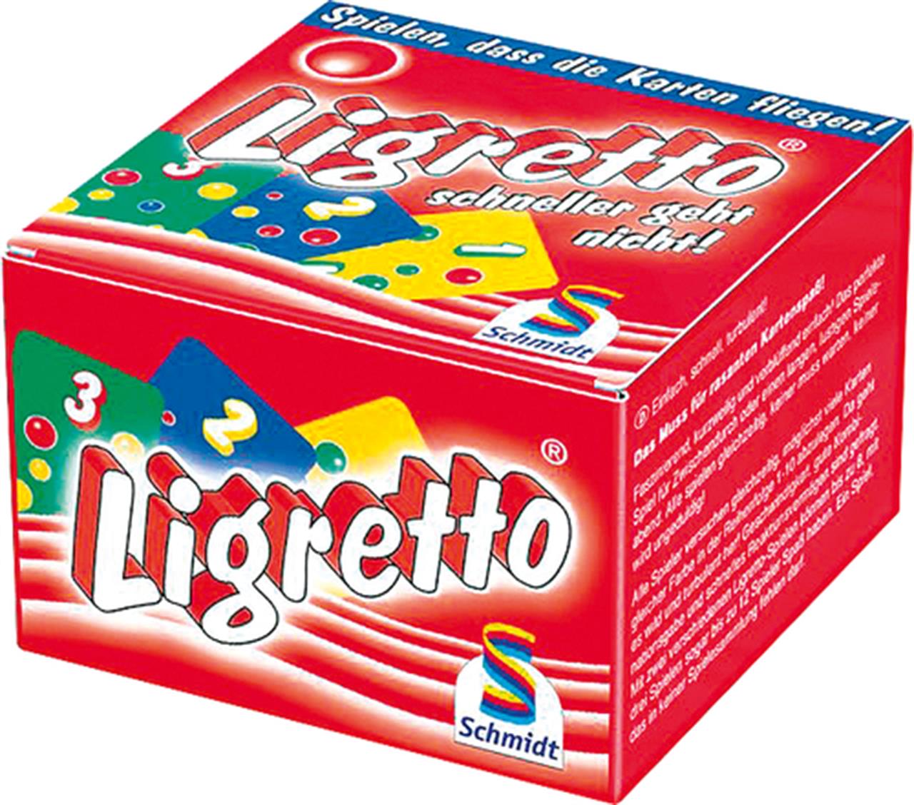 Auf dem Bild ist die rote Verpackung des Kartenspiels "Ligretto® rot" zu sehen. Die Schachtel ist überwiegend rot und zeigt bunte Spielkarten sowie das Schmidt Spiele Logo.