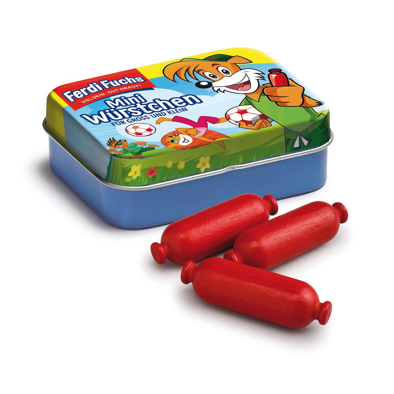 Auf dem Bild ist eine bunte Dose "Ferdi Fuchs Mini Würstchen" zu sehen. Vor der Dose liegen drei kleine, rote Minisalamis.