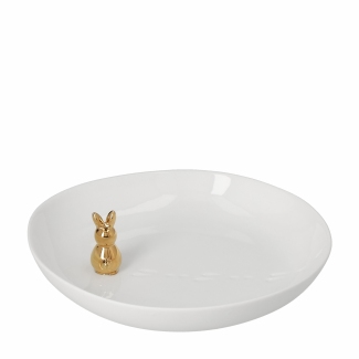 Abgebildet: Schale Goldhase D ;12,5cm H ;3cm. Die Schale zeigt einen goldenen Hasen als Design.