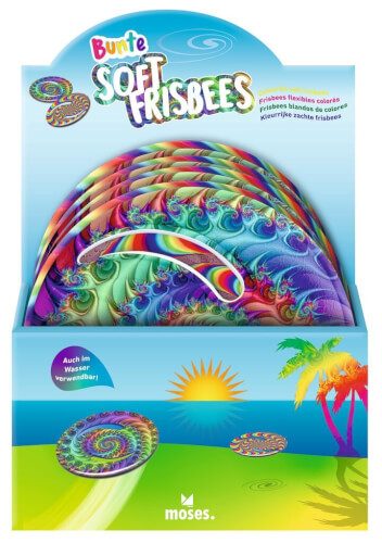 Die Verpackung zeigt bunte, weiche Frisbees mit einem auffälligen, wirbelnden Muster. Im Hintergrund sind Palmen, Sonne und Wellen abgebildet, was auf Spaß am Strand oder im Wasser hinweist.