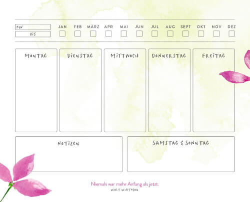Dies ist eine Wochenplan-Vorlage mit Feldern für jeden Wochentag sowie für Notizen und das Wochenende. Oben kann man die Kalenderwoche und den Monat ankreuzen, und unten steht ein Zitat von Walt Whitman.