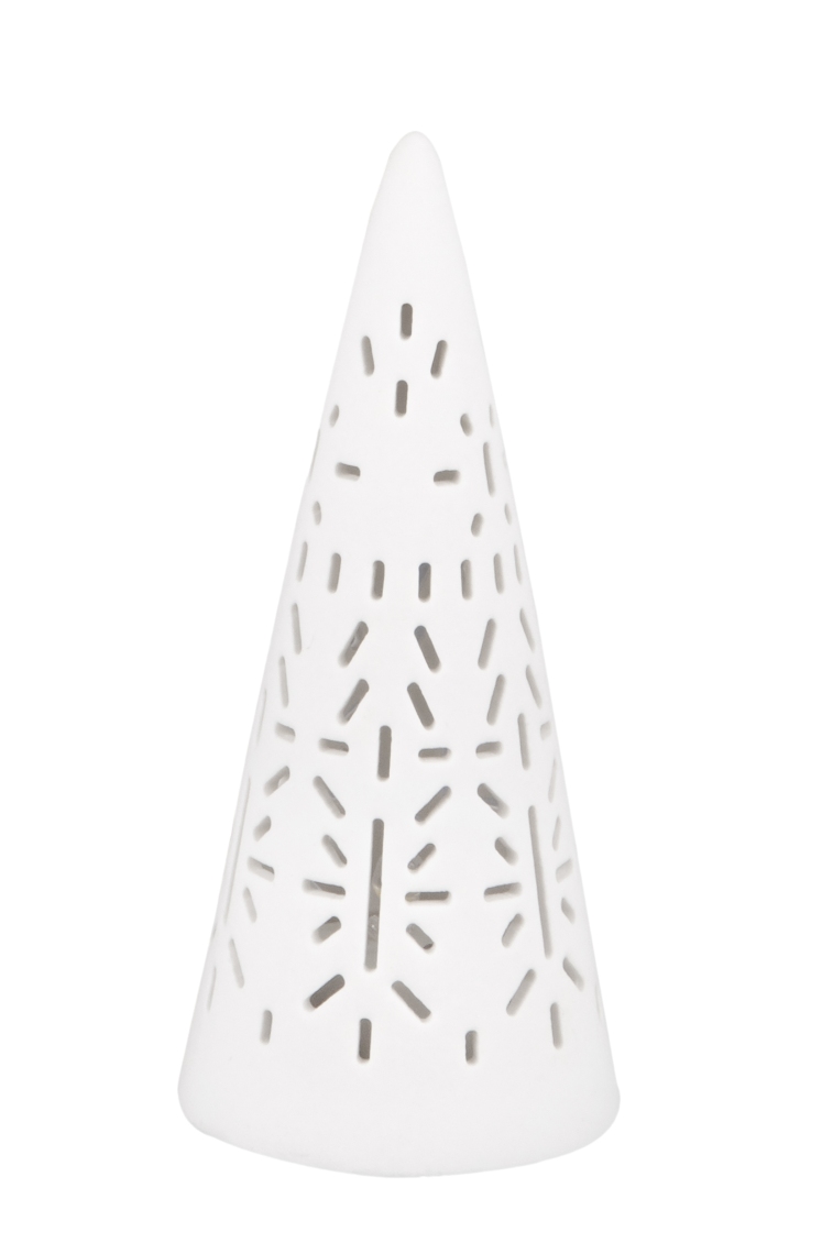 Das Bild zeigt eine kleine, weiße LED-Lichttanne in Kegelform. Die Oberfläche ist mit dekorativen Schlitzen versehen, durch die das Licht scheinen kann.