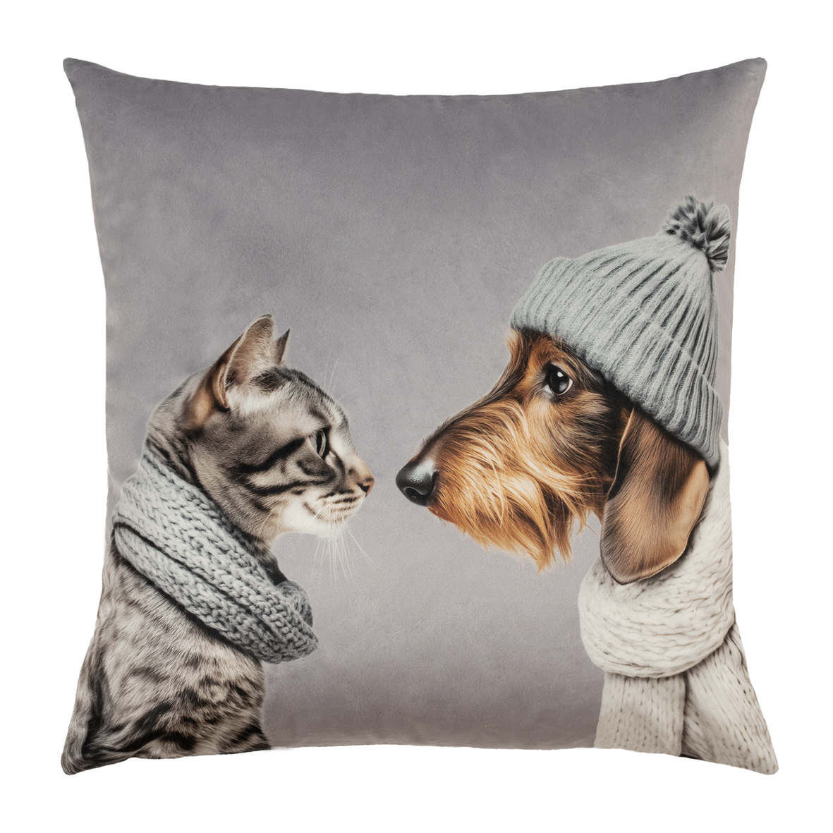 Abgebildet ist das Kissen 'CAT LOVES DOG' in Hellgrau, ca. 45 x 45 cm. Es ist ein dekoratives Kissen mit Tiermotiven.