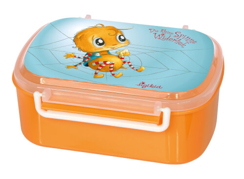 Auf dem Bild ist eine orange Brotdose zu sehen. Auf dem Deckel ist eine gezeichnete kleine Spinne mit großen Augen und bunten Beinen abgebildet.