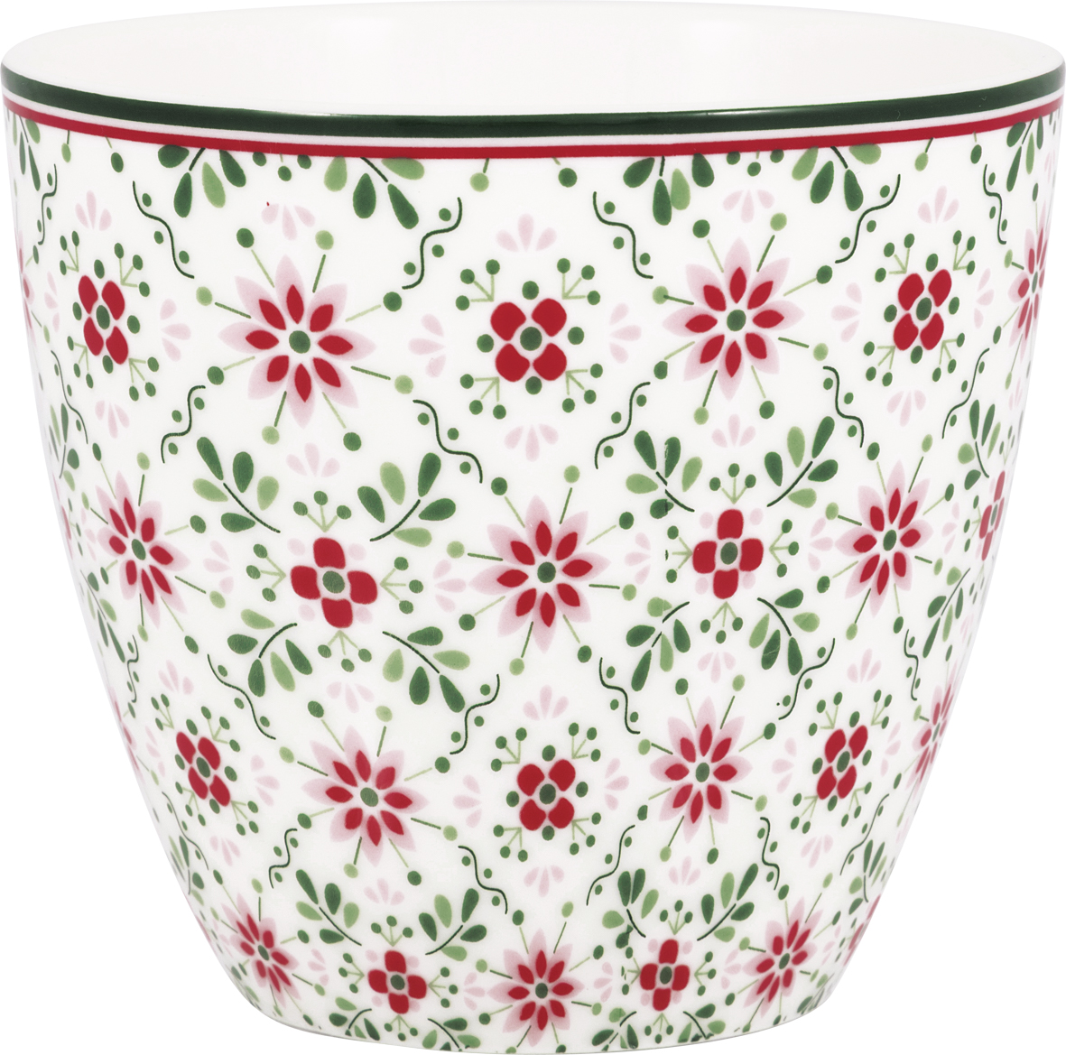 Eine Latte-Tasse mit dem Namen "Nenne weiß" ist abgebildet. Die Tasse hat ein schlichtes, weißes Design.