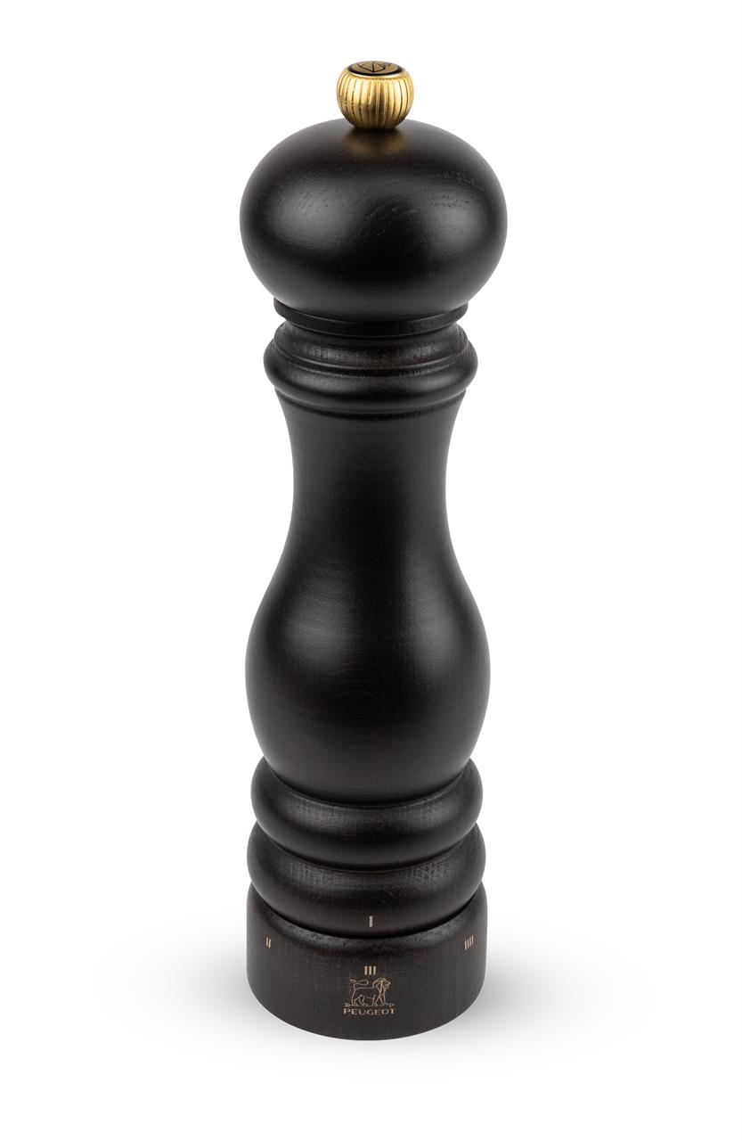 Auf dem Bild ist eine Pfeffermühle aus dunklem Holz mit einem goldenen Kopf zu sehen. Es handelt sich um das Modell "Pfeffermühle Paris Schokolade USelect" mit einer Höhe von 22 cm.