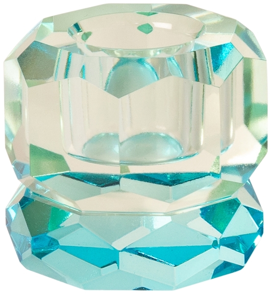 Zu sehen ist ein Kristallhalter in Blau und Hell Minze. Die Maße betragen 4,5 x 4 x 4,5 Zentimeter.