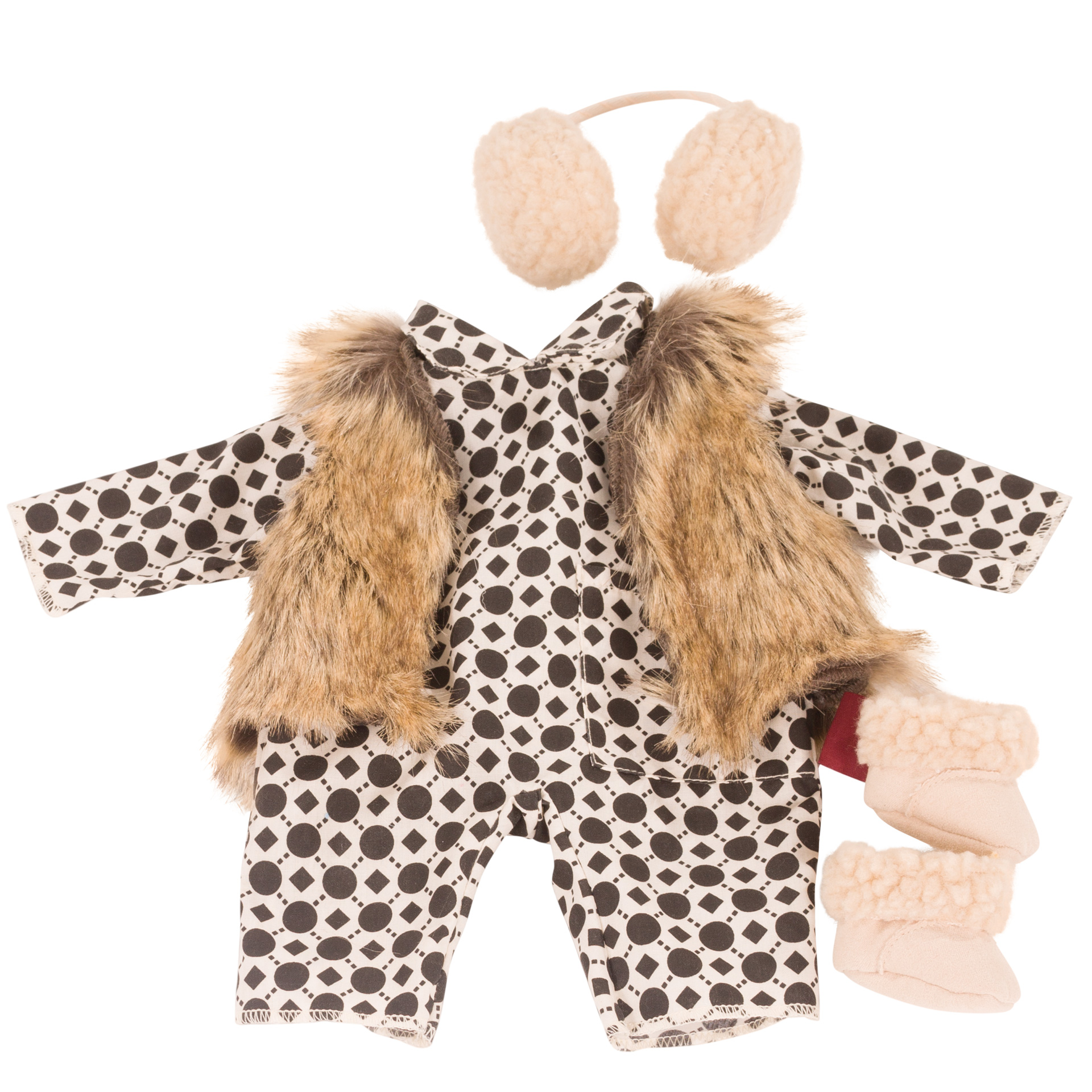 Auf dem Bild ist die Babykombi Winter für Puppen mit einer Größe von 30 bis 36 cm zu sehen. Das Ensemble eignet sich gut für kalte Tage und hält die Babypuppe warm.