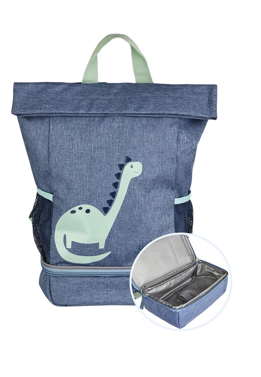 Der Kinderrucksack Dino Rexi blau ist ein blauer Rucksack mit einem fröhlichen Dinosaurier-Motiv auf der Vorderseite. Im unteren Bereich befindet sich ein isoliertes Fach, das im Bild geöffnet gezeigt wird.