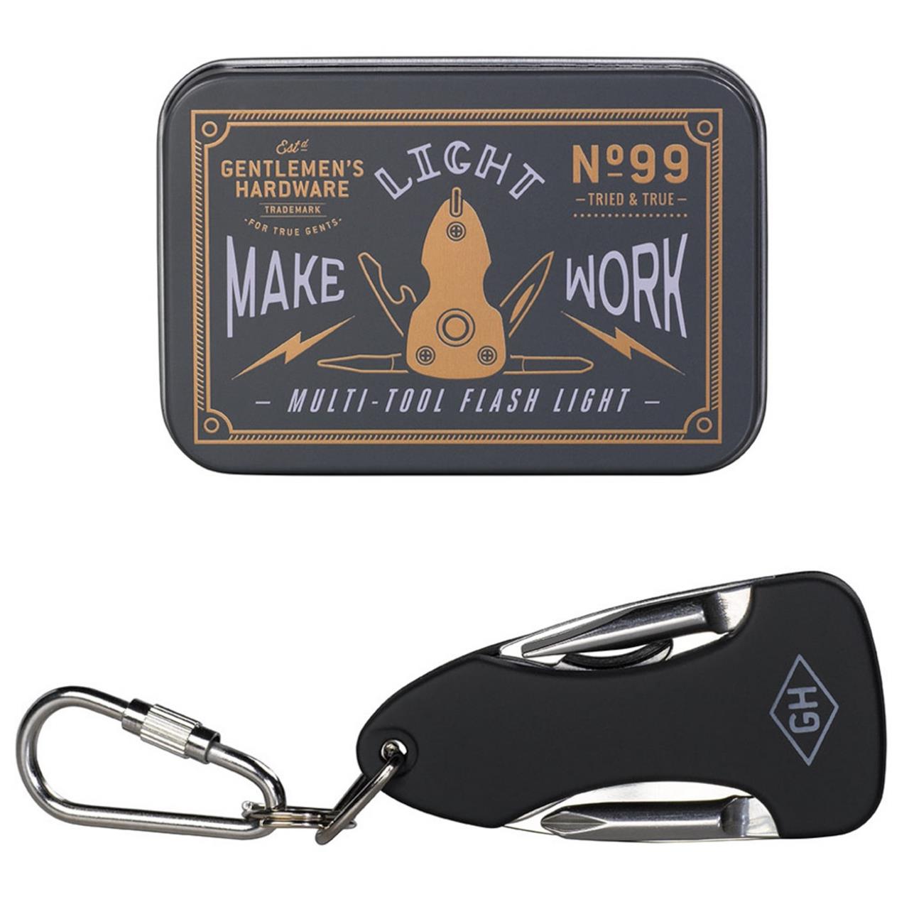 Das Bild zeigt ein Taschen-Multitool mit Taschenlampe und passender Aufbewahrungsdose. Das Multitool hat einen Karabinerhaken und mehrere Werkzeuge.