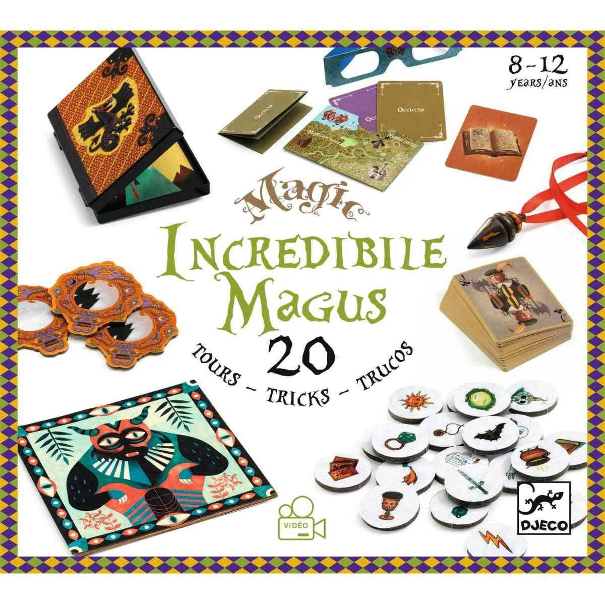 Das Bild zeigt das Zauberset "Zaubertricks: Incredibile Magus" für Kinder im Alter von 8 bis 12 Jahren. Es enthält verschiedene Karten, Spielmarken und Zauberutensilien für 20 magische Tricks.