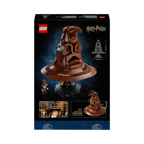 Auf dem Bild ist eine LEGO-Box mit dem Harry Potter Sprechenden Hut zu sehen. Die Verpackung zeigt das fertige Modell und weist auf Soundfunktionen hin.