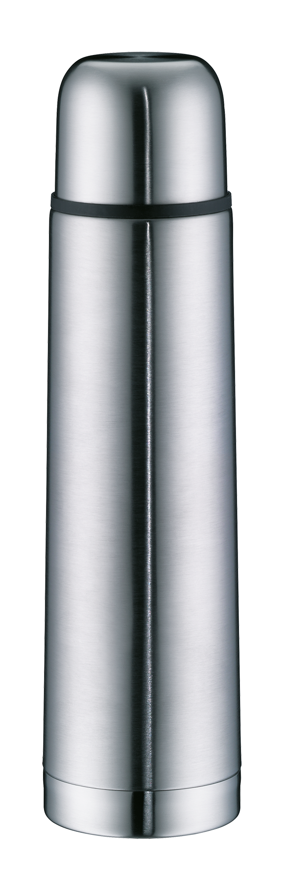Auf dem Bild ist eine silberne Thermoskanne zu sehen. Sie besteht aus Edelstahl und hat eine zylindrische Form.
