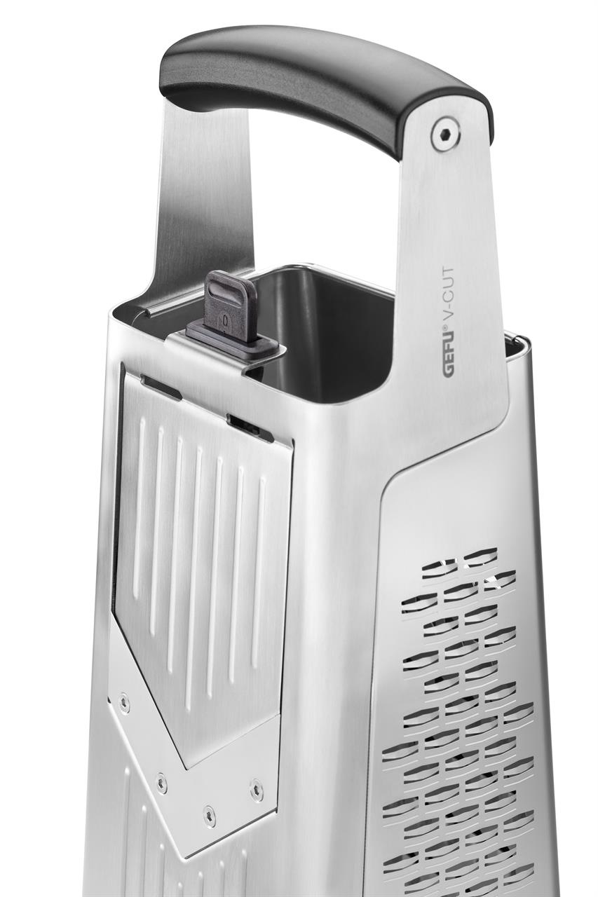 Das Bild zeigt eine Vierkantreibe V-CUT mit verstellbarem Hobel. Sie besteht aus Edelstahl und hat einen schwarzen Griff oben.