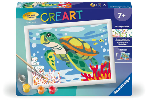 Auf dem Bild ist ein Malset mit dem Motiv einer Meeresschildkröte unter Wasser zu sehen. Das Set ist für Kinder ab 7 Jahren geeignet und enthält verschiedene Acrylfarben.