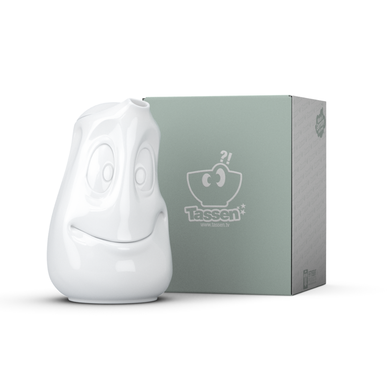 Auf dem Bild ist die weiße Kanne "Gut Drauf" mit einem Fassungsvermögen von 1200 ml zu sehen. Die Kanne hat ein fröhliches Gesicht und steht neben ihrer Verpackung.