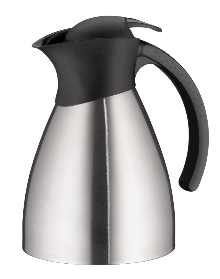 Die Abbildung zeigt eine Isolierkanne mit einem Fassungsvermögen von 1,0 Liter. Sie hat eine satinierte Edelstahl-Oberfläche und einen schwarzen Kunststoffdeckel mit Griff.