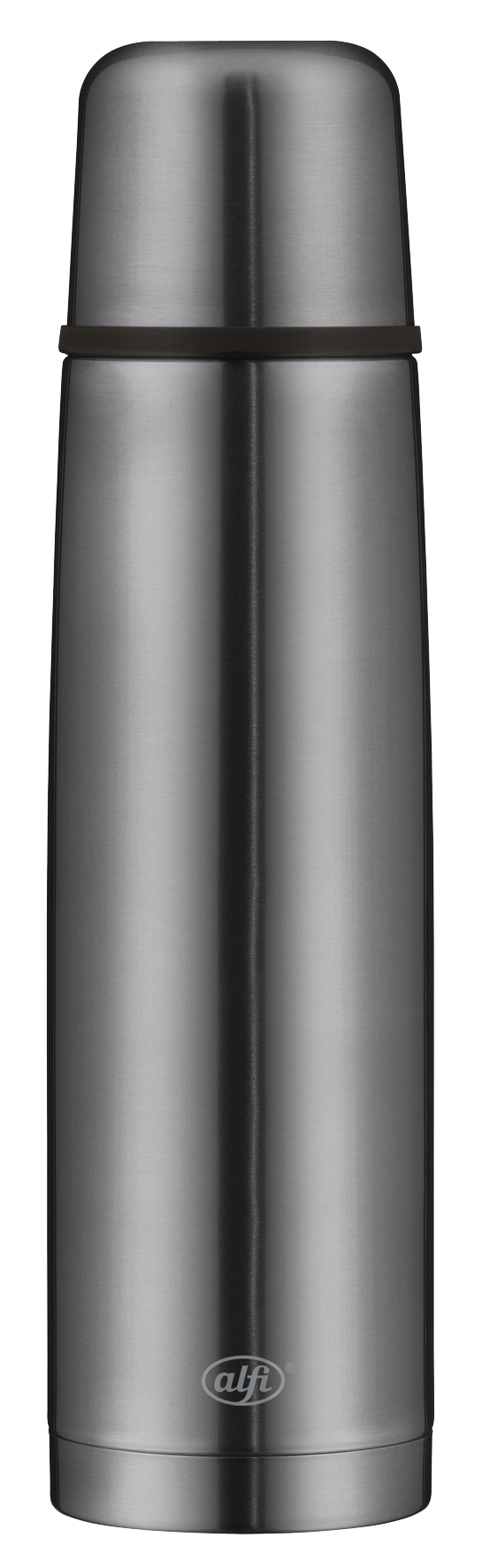 Auf dem Bild ist eine silberne Thermoskanne aus Edelstahl zu sehen. Unten auf der Kanne steht das Logo „alfi“.