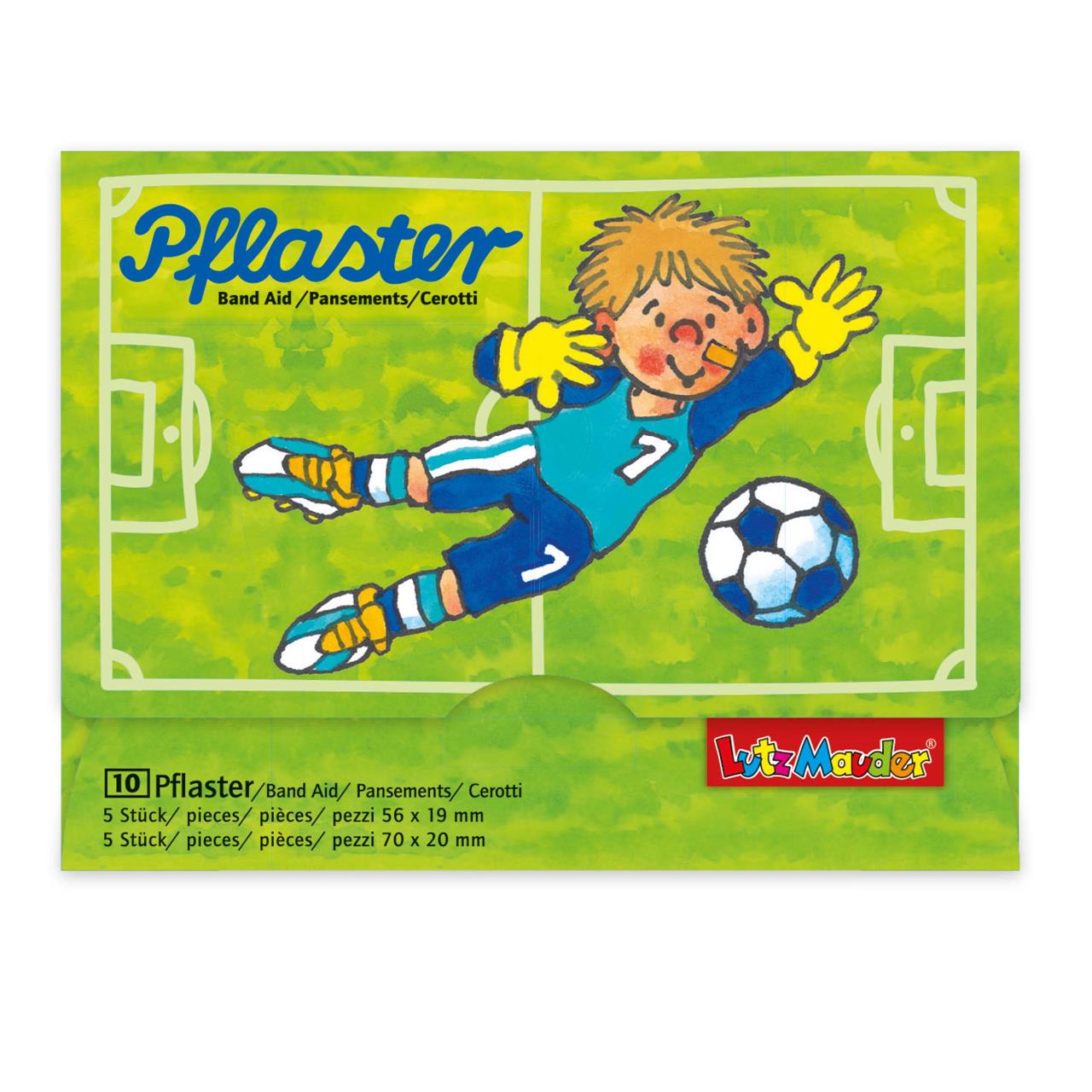 Auf dem Bild ist eine Packung Pflaster mit dem Namen "Fritz Flanke 2 Pflasterbriefchen" zu sehen. Das Design zeigt einen gezeichneten Fußballtorwart, der nach einem Ball greift.