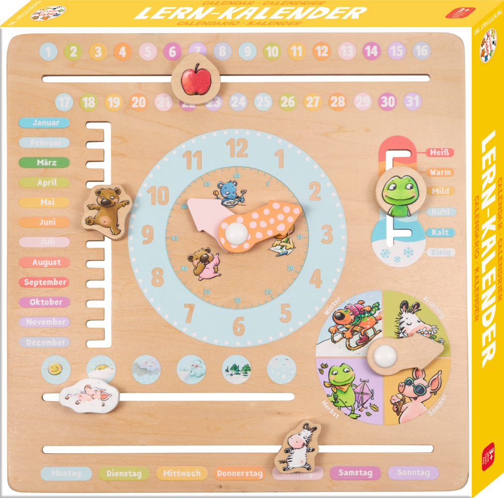 Das Bild zeigt den Lern-Kalender aus Holz "Die Lieben Sieben". Er hilft Kindern, spielerisch das Datum, die Jahreszeiten, das Wetter und die Uhrzeit zu lernen.
