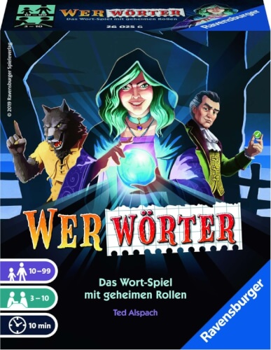 Auf dem Bild ist die Verpackung des Spiels "Werwörter" von Ravensburger zu sehen. Drei Figuren, darunter ein Werwolf, eine Frau mit Kristallkugel und ein Mann in Anzug, sind darauf abgebildet.