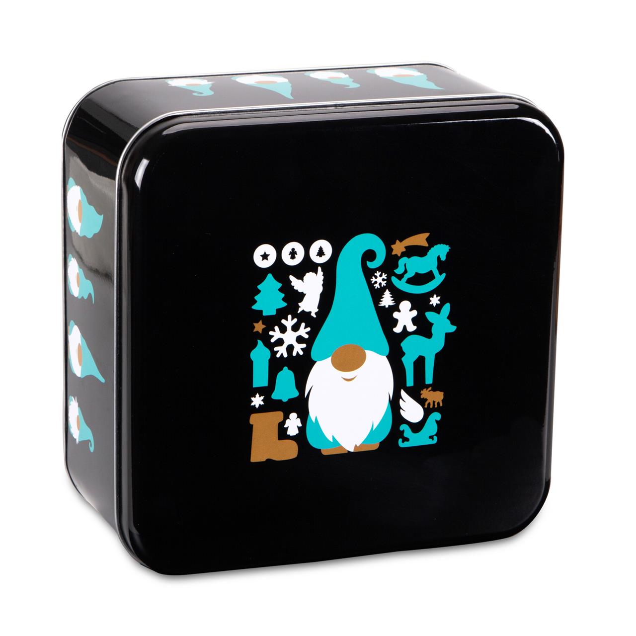 Die Abbildung zeigt eine quadratische Gebäckdose mit den Maßen 16,5x16,5 cm. Auf der Dose sind ein Weihnachtswichtel und verschiedene weihnachtliche Motive in Blau und Weiß abgebildet.