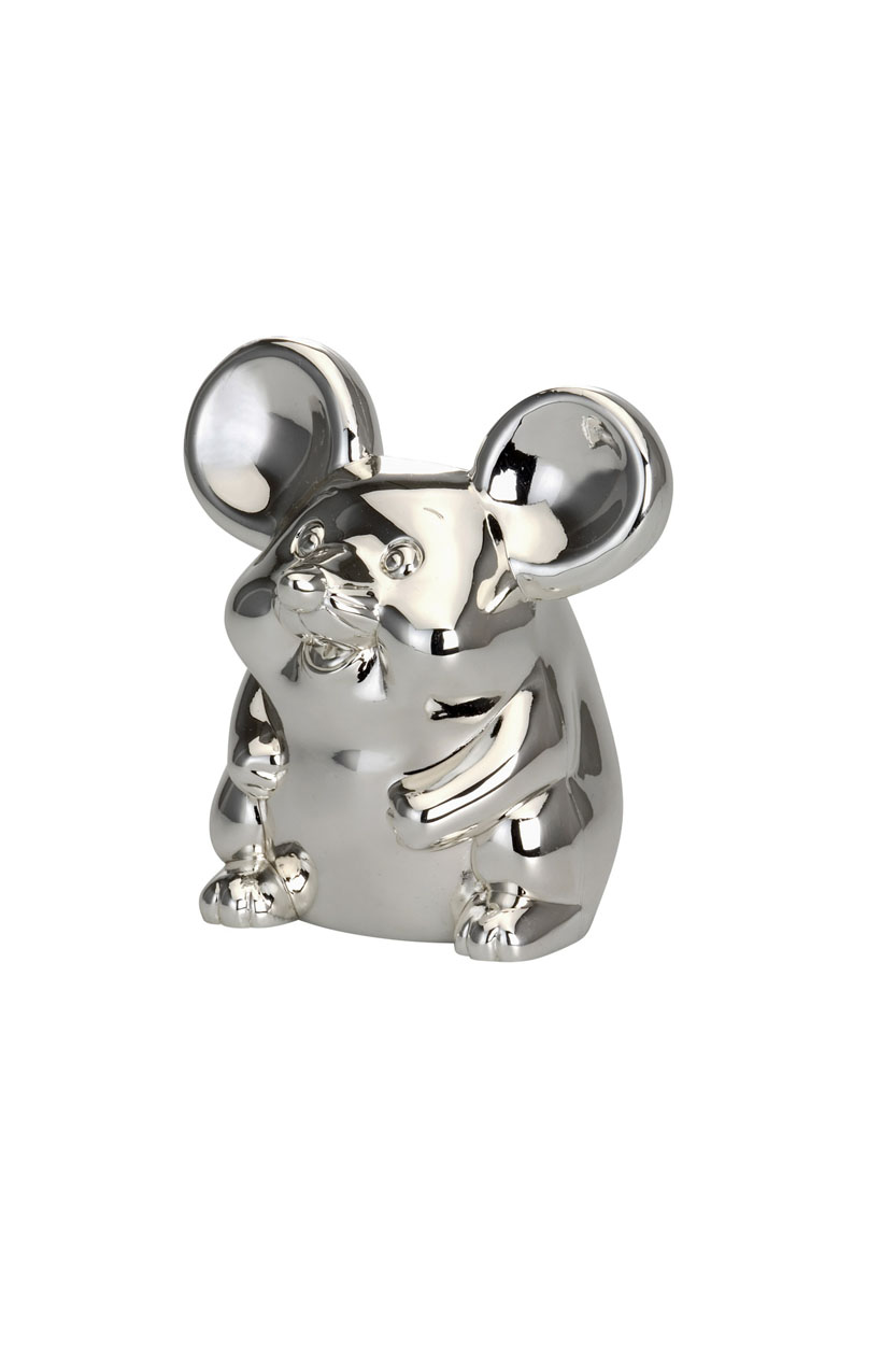Das Bild zeigt eine glänzende Spardose in Form einer Maus. Die Maus hat große Ohren und ein freundliches Gesicht.
