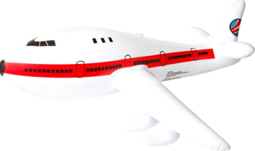 Das Bild zeigt ein aufblasbares Flugzeugspielzeug. Es ist weiß mit einem roten Streifen und schwarzen Fenstern.