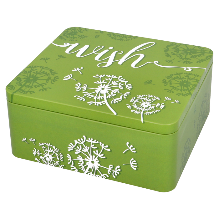 Die Abbildung zeigt eine grüne Geschenkbox mit dem Schriftzug "wish" auf dem Deckel. Die Box ist mit weißen Pusteblumen verziert und misst 21 x 19 x 9 cm.