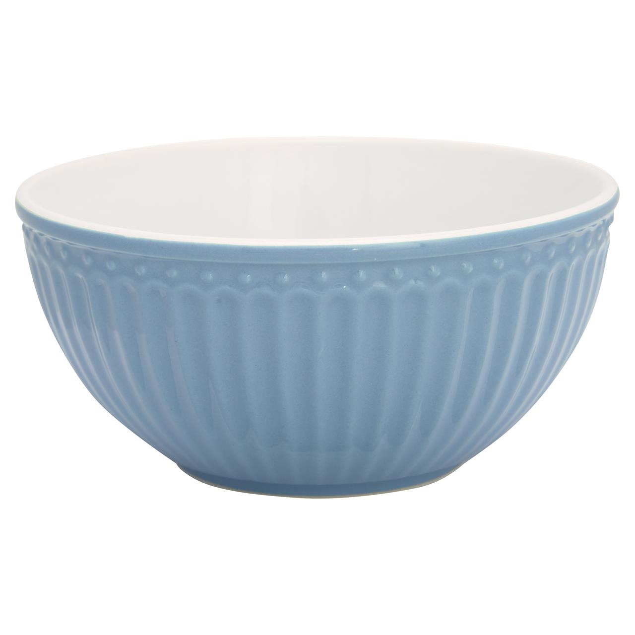 Die Müslischale "Alice" ist außen himmelblau und innen weiß. Sie hat ein elegantes, geriffeltes Design.