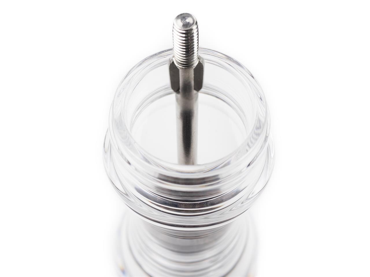 Das Bild zeigt die Pfeffermühle Nancy 12 cm aus transparentem Material. Oben ist die Metallachse zum Mahlen sichtbar.