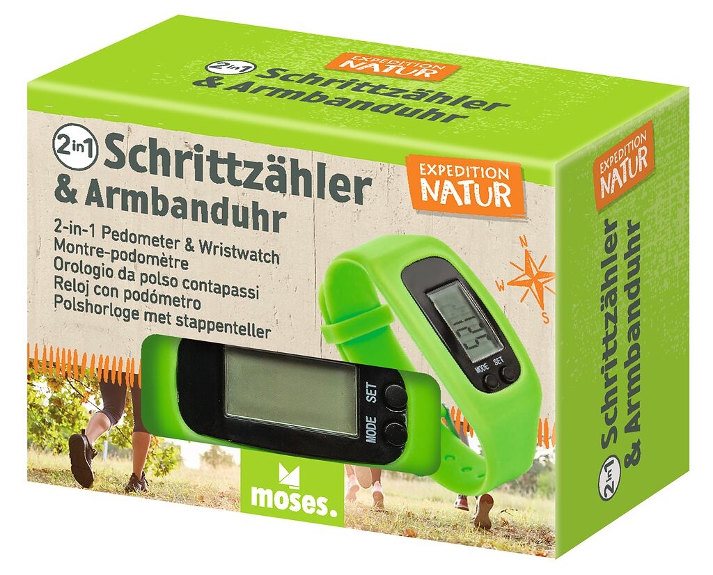 Abgebildet ist das Produkt 'Expedition Natur 2 In 1 Schrittzähler & Uhr'. Es handelt sich um ein Gerät zum Zählen der Schritte und Anzeigen der Uhrzeit.