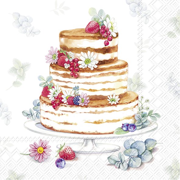 Das Bild zeigt eine dreistöckige Torte, die mit Blumen und verschiedenen Beeren dekoriert ist. Die Torte steht auf einer weißen Tortenplatte und im Hintergrund sind zarte florale Muster zu sehen.