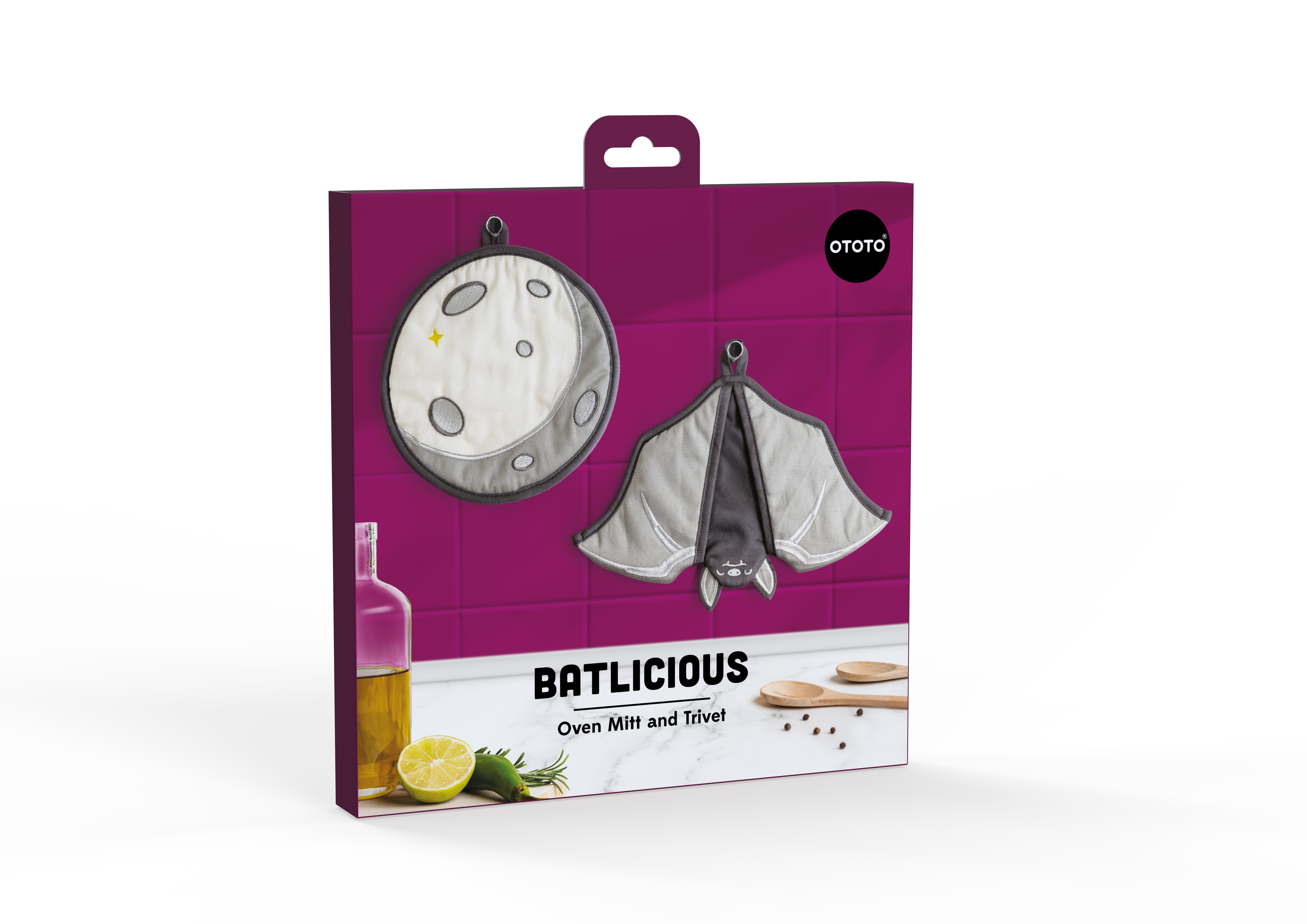 Ofenhandschuh/Untersetzer Batlicious mit Fledermaus-Motiv. Praktisch zum Greifen heißer Gegenstände und als Untersetzer nutzbar.