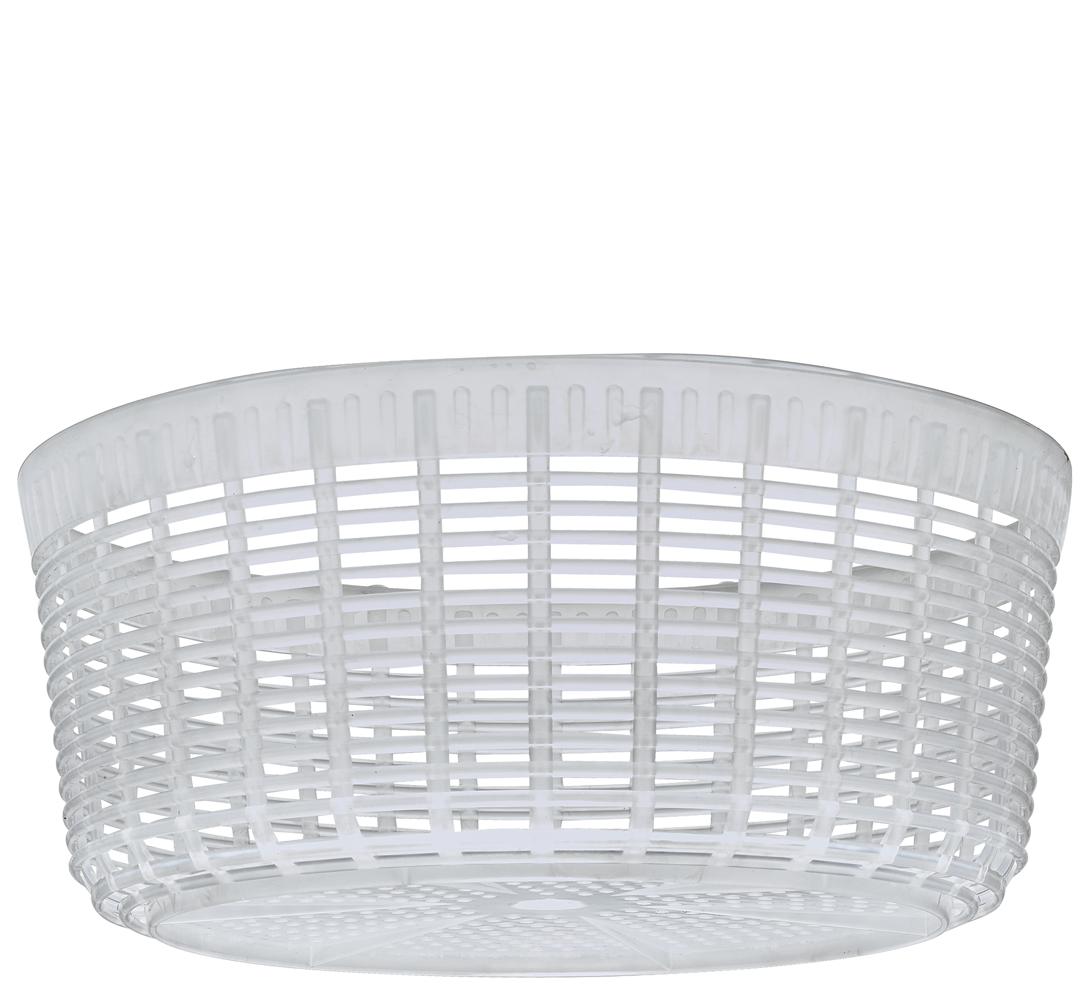 Das Bild zeigt einen transparenten Kunststoffkorb mit Lüftungsschlitzen. Der Korb ist rund und hat eine stabile Struktur.