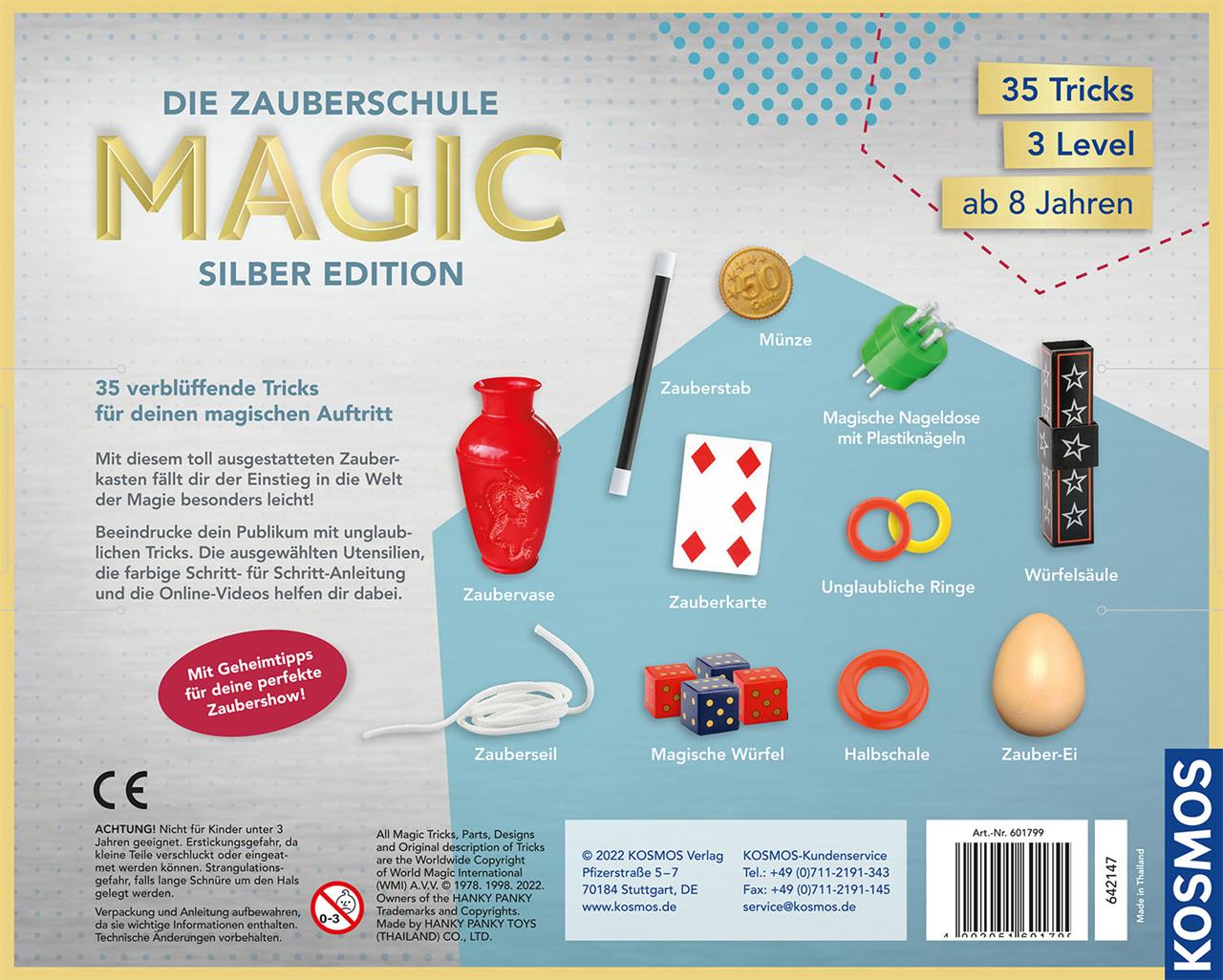 Das Bild zeigt das Produkt "Die Zauberschule MAGIC Silber Edition" von Kosmos. Es enthält Zauberutensilien für 35 Tricks und ist für Kinder ab 8 Jahren geeignet.