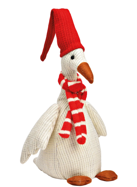 Weihnachtsgans aus Textil in Rot und Weiß sorgt für festliche Stimmung. Die Figur misst etwa 17x33 cm.