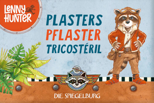 Auf dem Bild ist ein gezeichneter Waschbär in Abenteurerkleidung zu sehen. Oben steht in drei Sprachen, dass es sich um Pflaster handelt, und unten steht "Die Spiegelburg".
