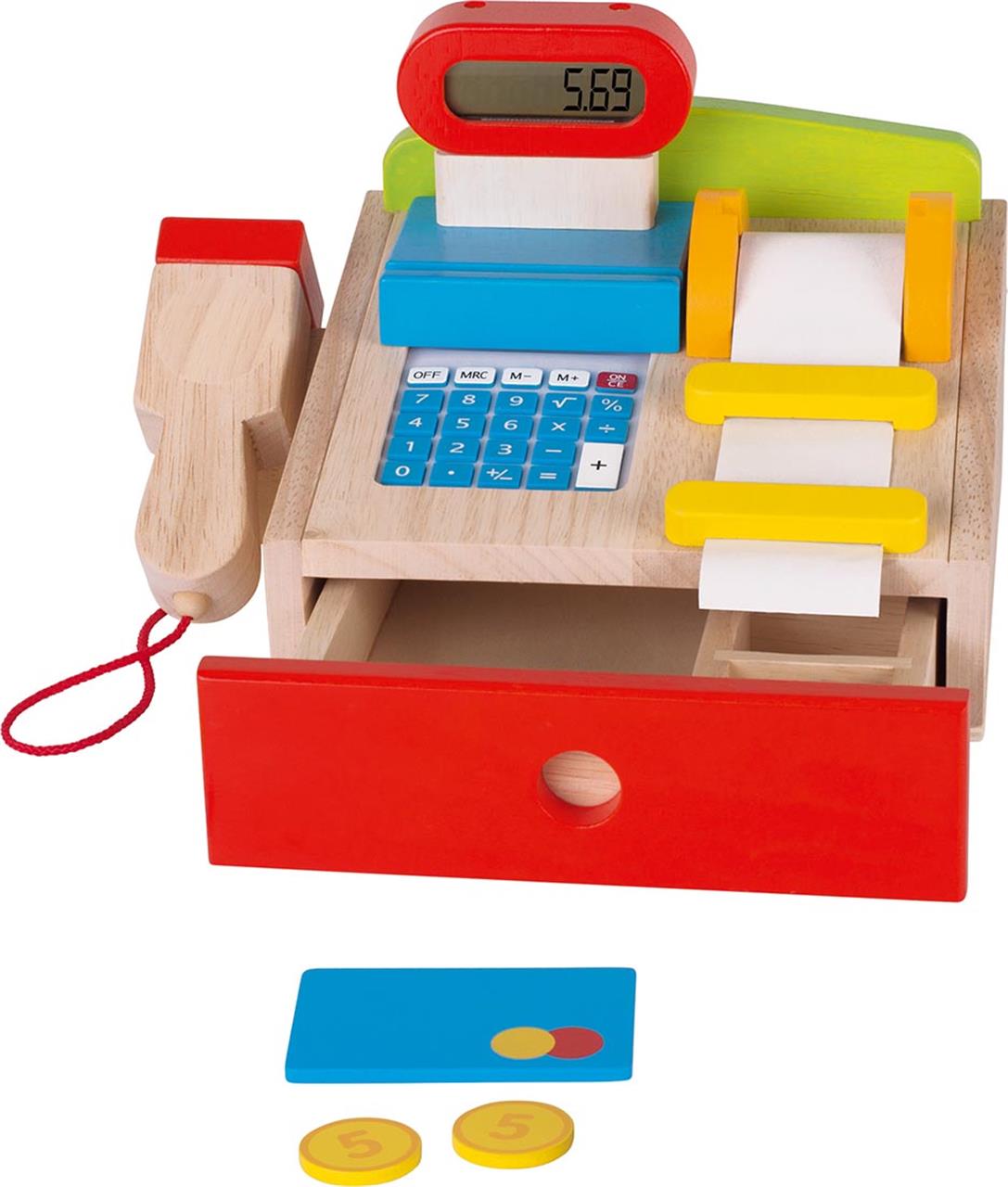 Auf dem Bild ist eine bunte Kinderkasse aus Holz mit Zubehör zu sehen. Sie hat eine Schublade, einen Scanner, Münzen, eine Karte und eine kleine Anzeige.