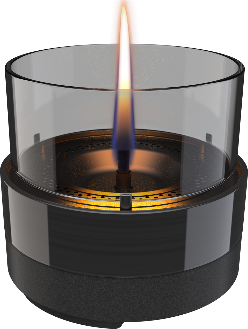 Das Bild zeigt das Produkt "Rosie 14 Black Smoke (Tischfeuer)". Es handelt sich um ein modernes, rundes Tischfeuer mit einer sichtbaren Flamme in einem Glaszylinder.
